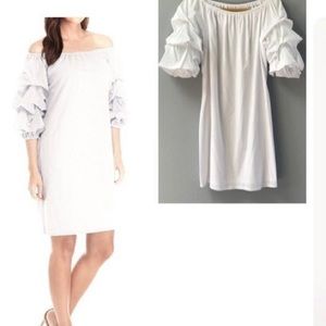 MSK White Off-the-Shoulder Ruched Flounce Sleeve Dress